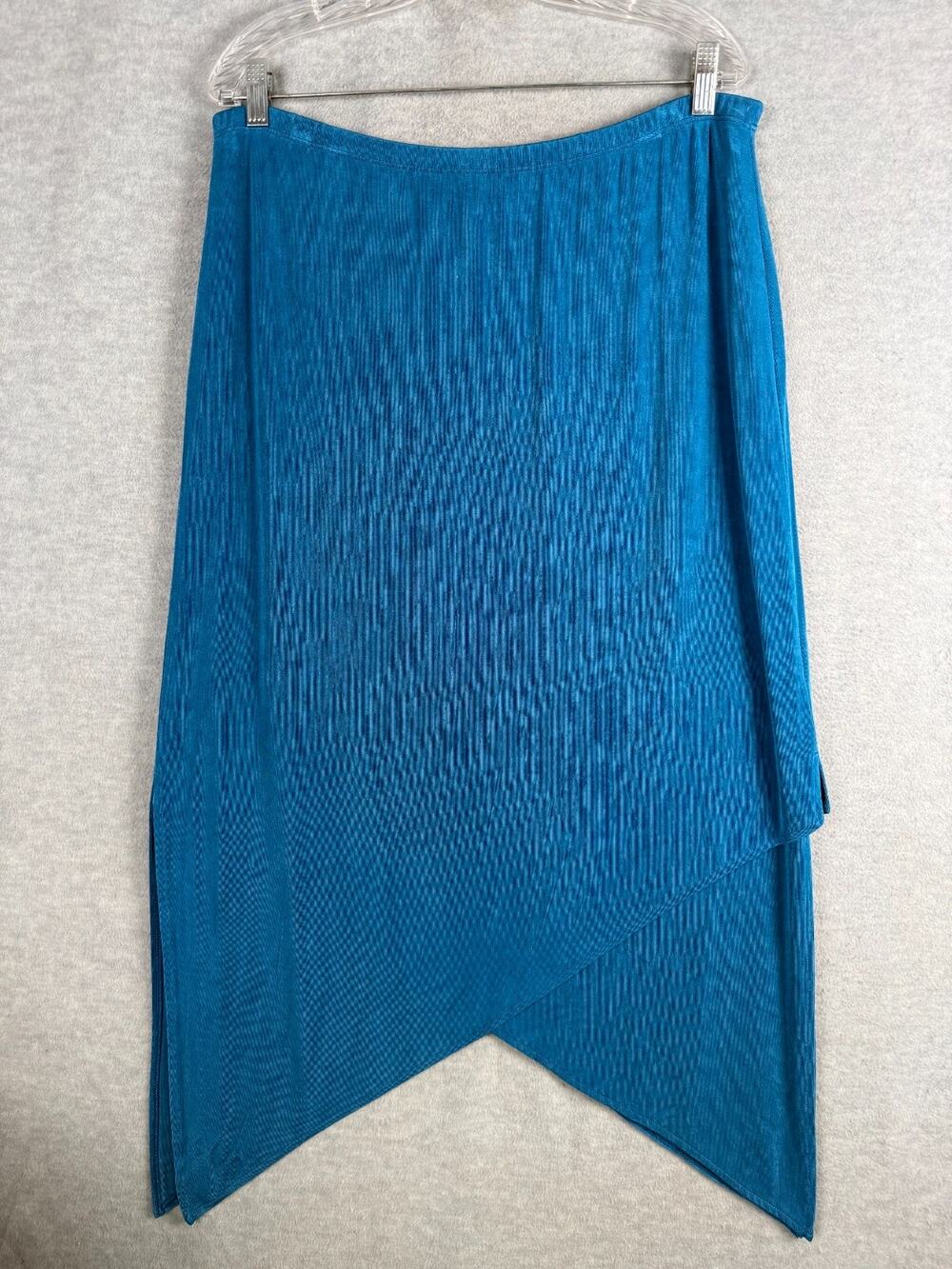Chico's Travelers 3 XL Midi Maxi Skirt Asymmetric Hem Teal Blue Side Slit Slinky
